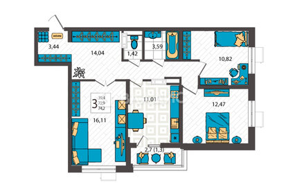 Квартира 74,2 м², 3-комнатная - изображение 1