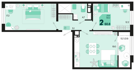 60,3 м², 2-комнатная квартира 7 718 400 ₽ - изображение 13