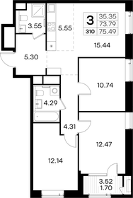 Квартира 75,5 м², 3-комнатная - изображение 1