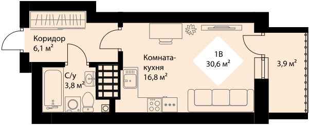 Квартира 28,7 м², студия - изображение 1