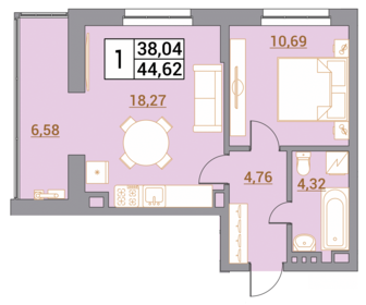 Квартира 44,6 м², 1-комнатная - изображение 1