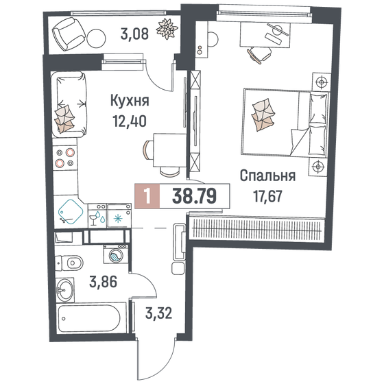 38,8 м², 1-комнатная квартира 6 605 937 ₽ - изображение 1