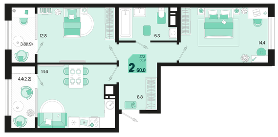 60 м², 2-комнатная квартира 6 800 000 ₽ - изображение 68