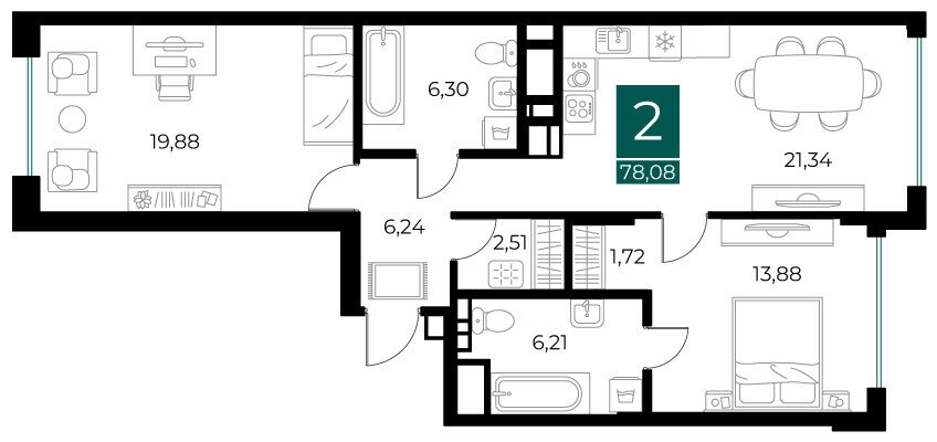 78,1 м², 2-комнатная квартира 12 492 800 ₽ - изображение 1