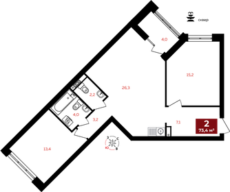 Квартира 73,4 м², 2-комнатная - изображение 1