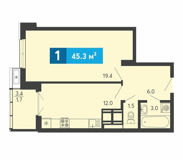 45,3 м², 1-комнатная квартира 4 708 800 ₽ - изображение 1