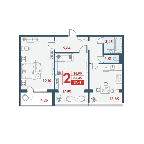 67,5 м², 2-комнатная квартира 5 465 880 ₽ - изображение 1