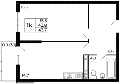 Квартира 43,7 м², 1-комнатная - изображение 1