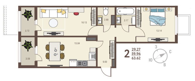 63,7 м², 2-комнатная квартира 5 354 160 ₽ - изображение 67