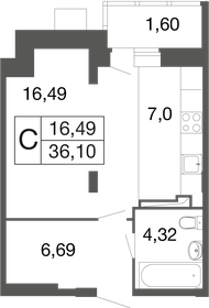 Квартира 36,1 м², студия - изображение 1