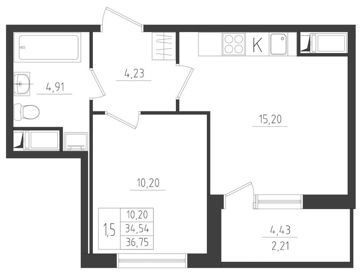 36,8 м², 2-комнатная квартира 6 192 375 ₽ - изображение 1