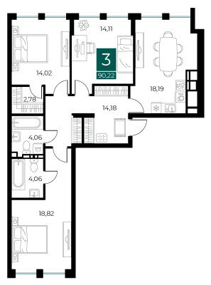 90,2 м², 3-комнатная квартира 14 435 200 ₽ - изображение 1