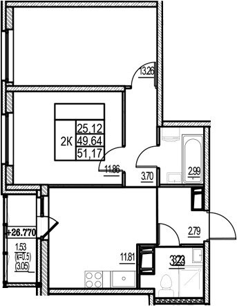 51,2 м², 2-комнатная квартира 6 900 000 ₽ - изображение 1