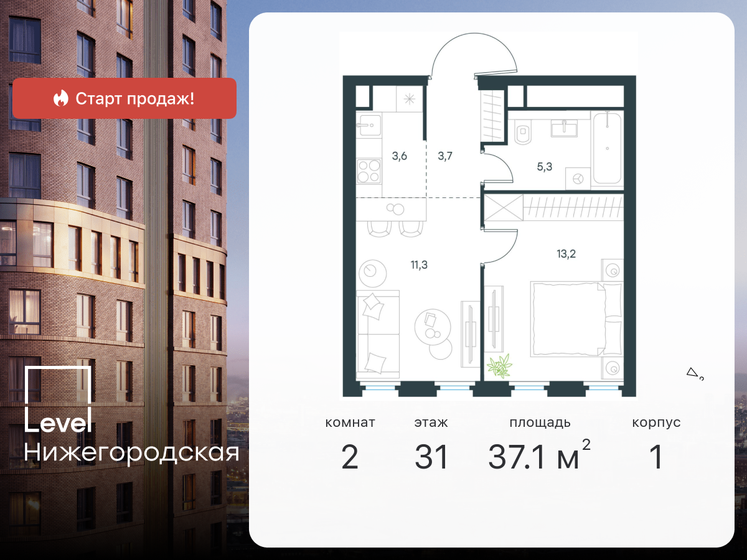 37,1 м², 2-комнатная квартира 15 654 783 ₽ - изображение 23