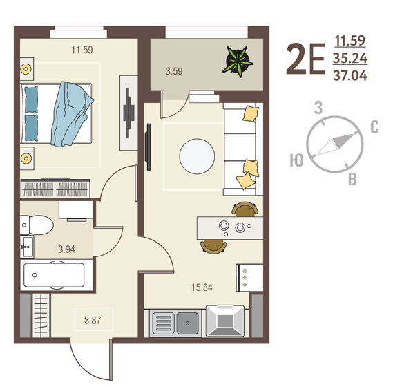 37 м², 1-комнатная квартира 3 555 840 ₽ - изображение 1