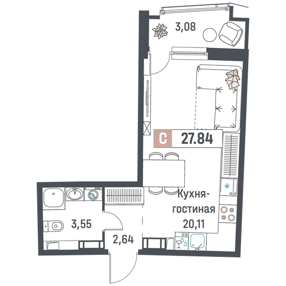 27,8 м², квартира-студия 4 459 968 ₽ - изображение 27