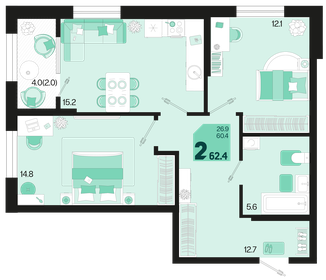 Квартира 62,4 м², 2-комнатная - изображение 1