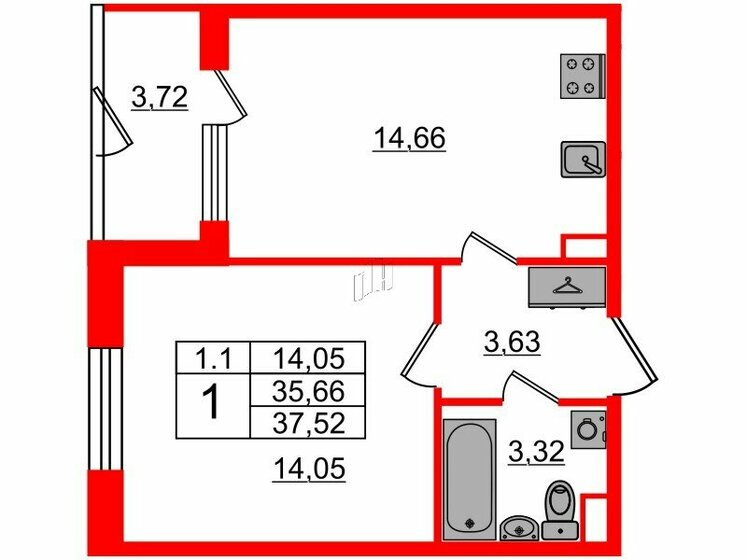 35,7 м², 1-комнатная квартира 6 350 154 ₽ - изображение 1
