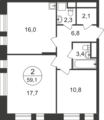 59,1 м², 2-комнатная квартира 14 259 170 ₽ - изображение 1