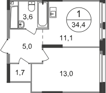 Квартира 34,4 м², 1-комнатная - изображение 1