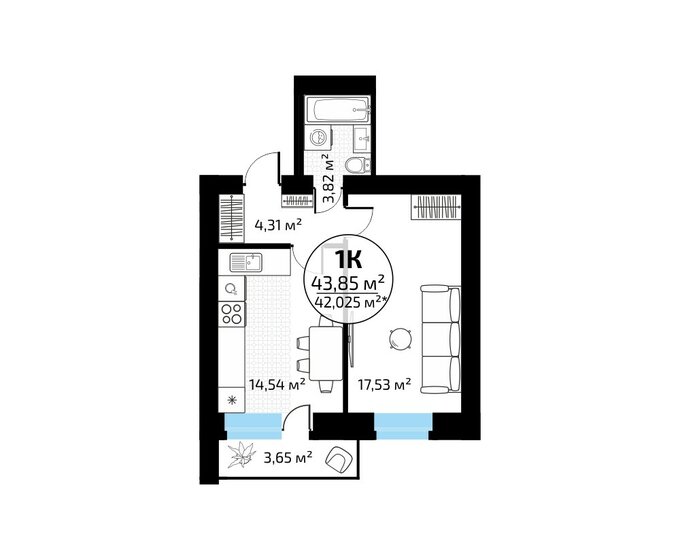 43,9 м², 1-комнатная квартира 4 051 828 ₽ - изображение 9