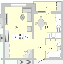 Квартира 37 м², 1-комнатная - изображение 1