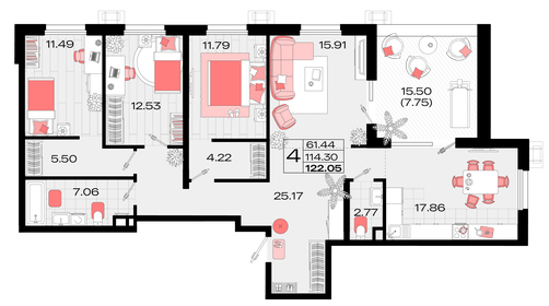 Квартира 122,1 м², 4-комнатная - изображение 1