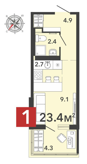 23,4 м², квартира-студия 2 272 140 ₽ - изображение 1