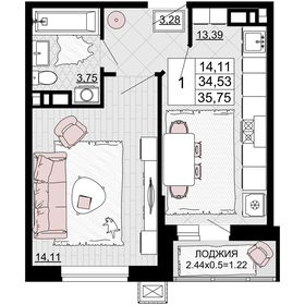 Квартира 35,8 м², 1-комнатная - изображение 1