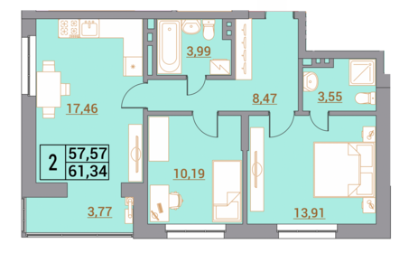 55,9 м², 2-комнатная квартира 4 600 000 ₽ - изображение 23