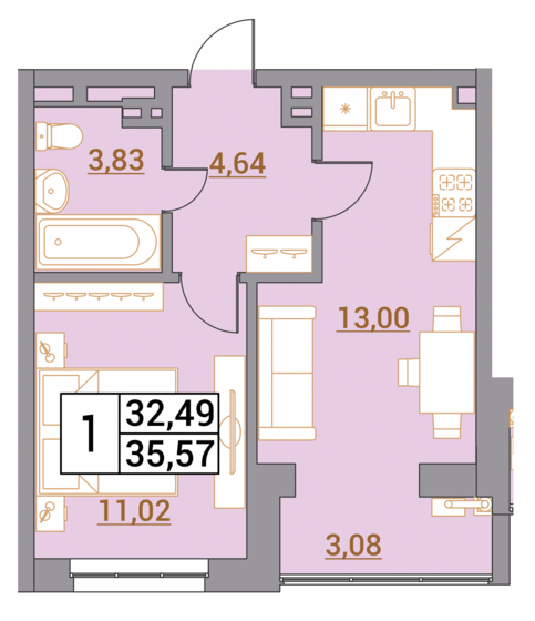 35,6 м², 1-комнатная квартира 3 628 140 ₽ - изображение 1