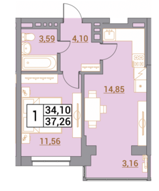 Квартира 37,3 м², 1-комнатная - изображение 1