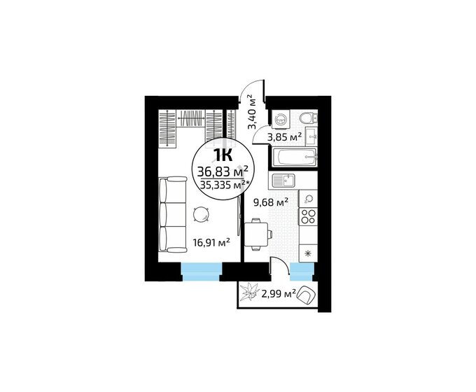 36,8 м², 1-комнатная квартира 3 603 337 ₽ - изображение 1