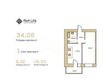 Квартира 34 м², 1-комнатная - изображение 1