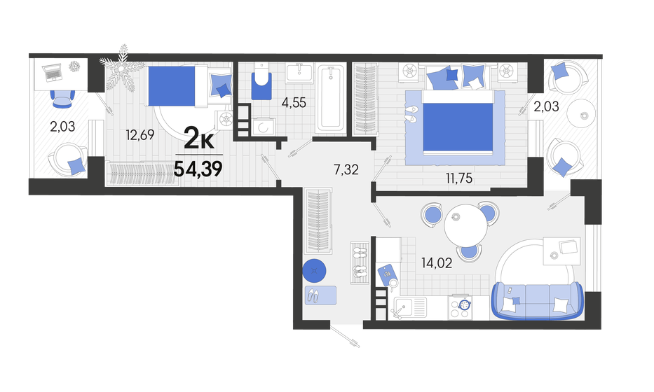 54,4 м², 2-комнатная квартира 7 614 600 ₽ - изображение 1