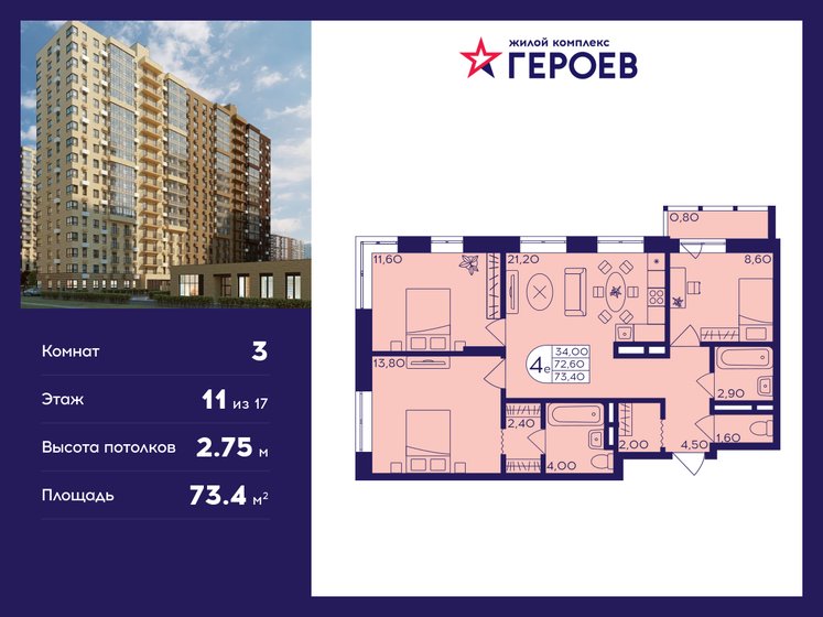 73,4 м², 3-комнатная квартира 12 367 900 ₽ - изображение 17