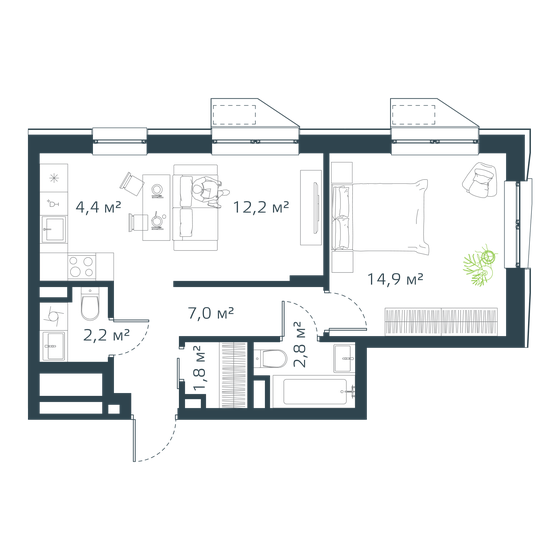 45,8 м², 2-комнатная квартира 9 686 930 ₽ - изображение 1