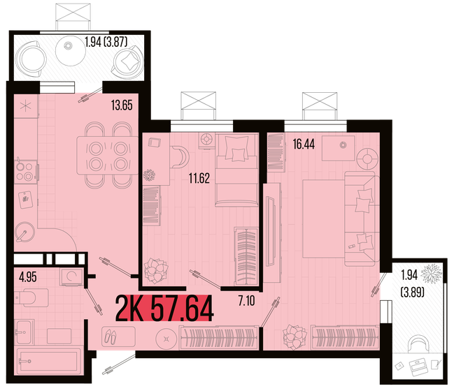 57,6 м², 2-комнатная квартира 6 202 064 ₽ - изображение 1