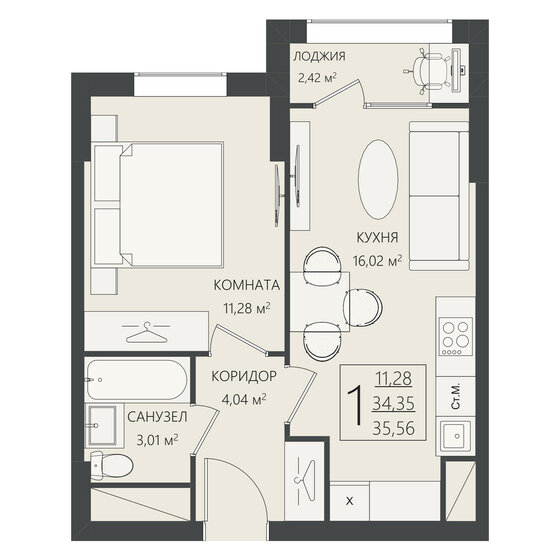 35,6 м², 1-комнатная квартира 5 511 800 ₽ - изображение 15