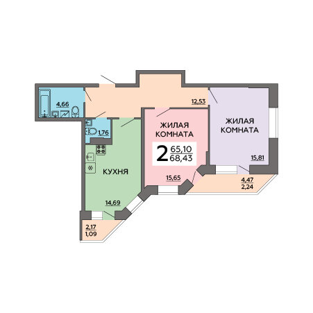 68,4 м², 2-комнатная квартира 6 637 710 ₽ - изображение 1