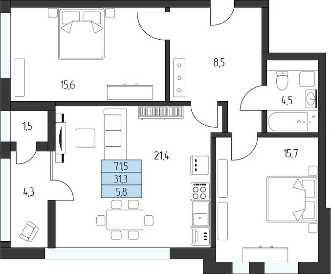 69,7 м², 2-комнатная квартира 18 099 500 ₽ - изображение 1