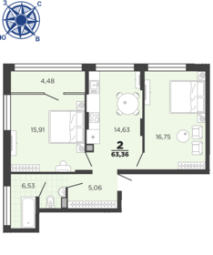 Квартира 63,4 м², 2-комнатная - изображение 1