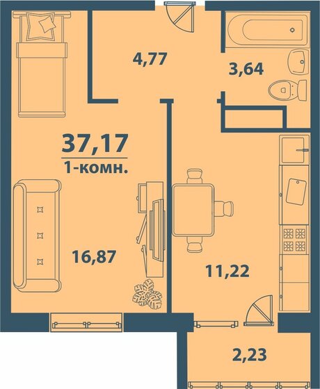 37,2 м², 1-комнатная квартира 3 122 280 ₽ - изображение 1