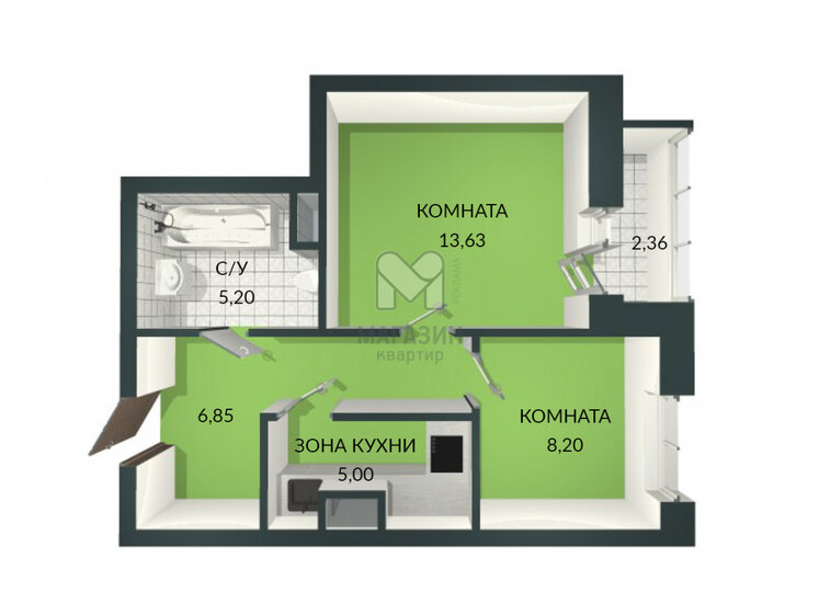 36,7 м², 2-комнатная квартира 11 640 000 ₽ - изображение 1