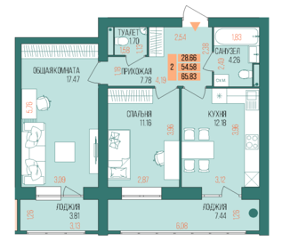 61 м², 2-комнатная квартира 4 700 000 ₽ - изображение 74