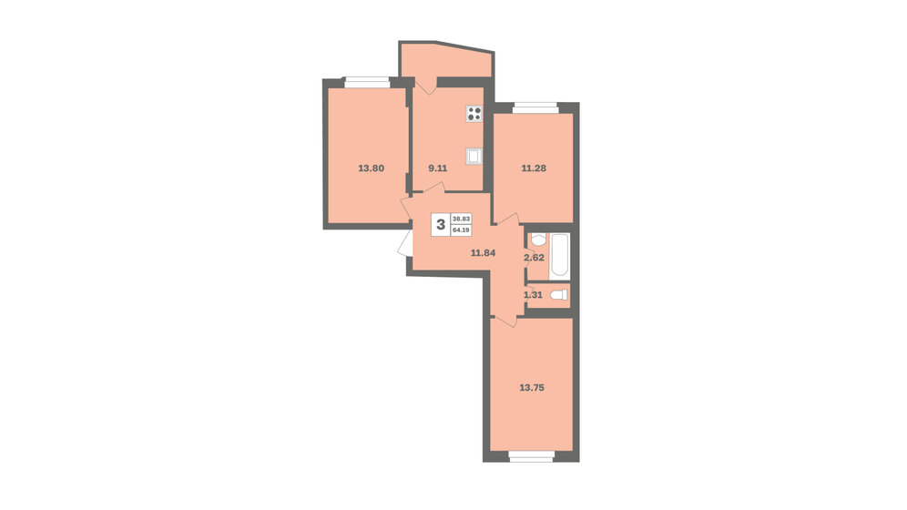 64,2 м², 3-комнатная квартира 5 898 034 ₽ - изображение 1