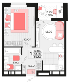 Квартира 35,1 м², 1-комнатная - изображение 1