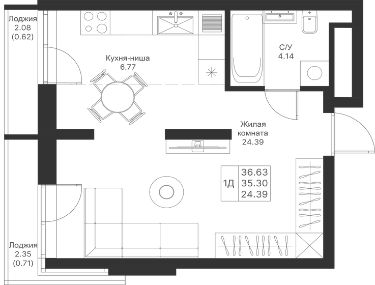 36,6 м², 1-комнатная квартира 9 340 650 ₽ - изображение 1