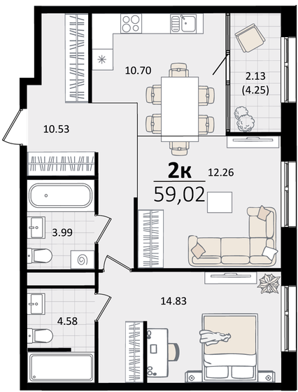 59 м², 2-комнатная квартира 15 374 710 ₽ - изображение 1