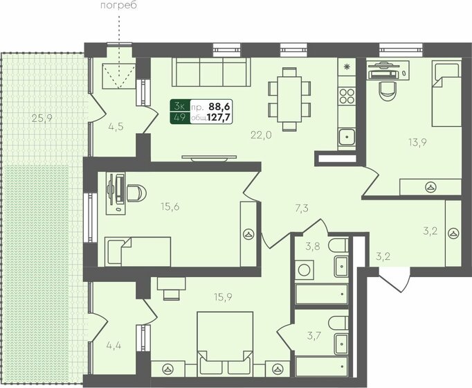 127,7 м², 3-комнатная квартира 10 340 000 ₽ - изображение 1